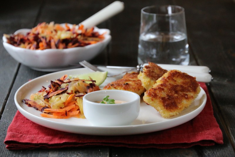 Fiskepinner med Rkostsalat og Chilimajones